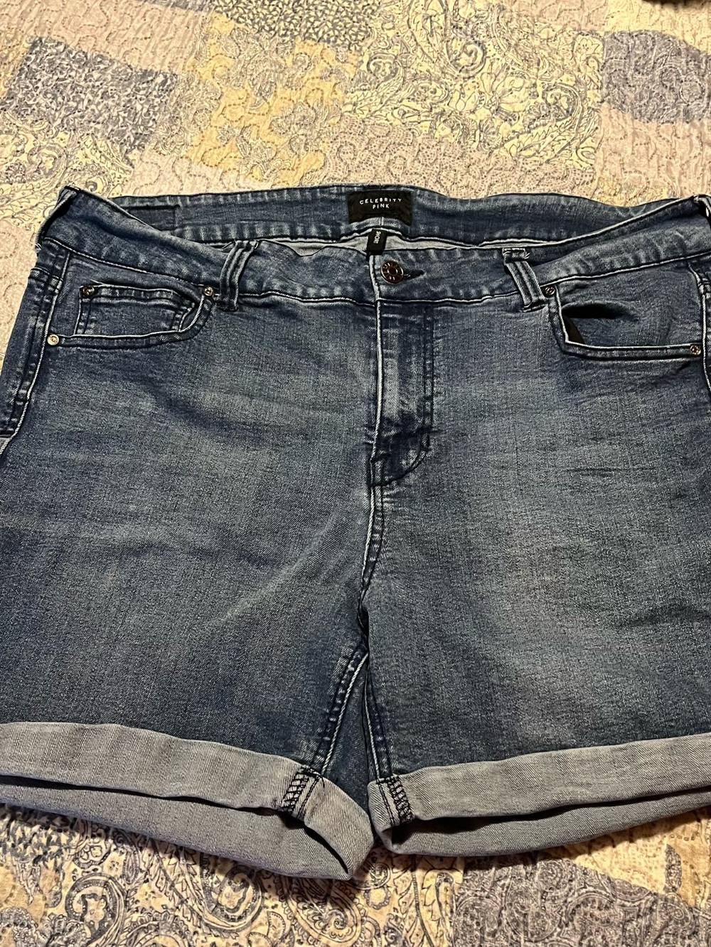 Celebrity Pink Mid/Dark Wash Rolled Cuff Denim Shorts